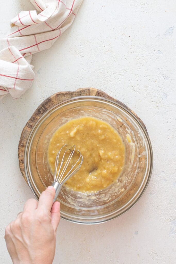 Smooth banana puree ready as base for eggless pancakes