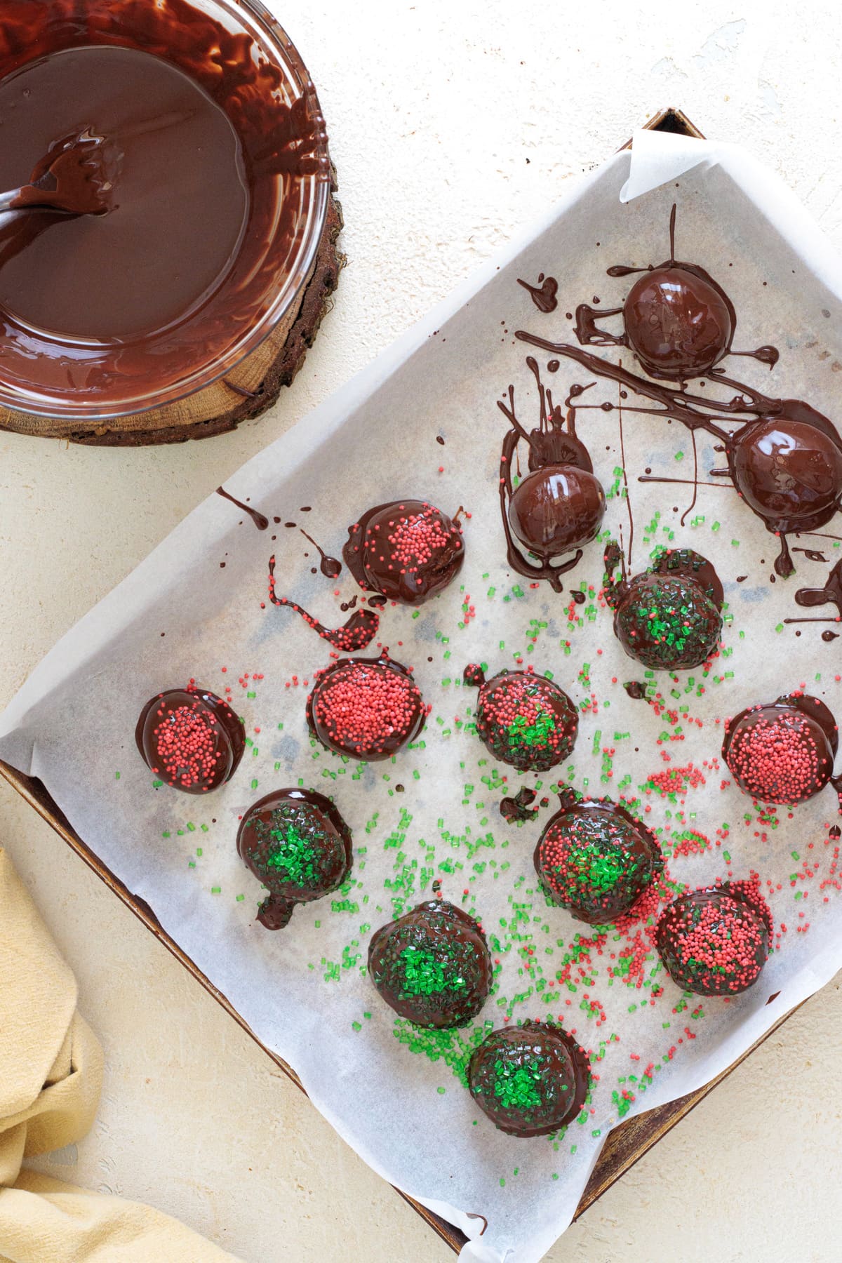 Top with festive sprinkles and let the chocolate harden before serving.
