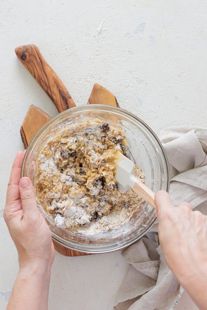 Oats and raisins added to cookie dough mixture