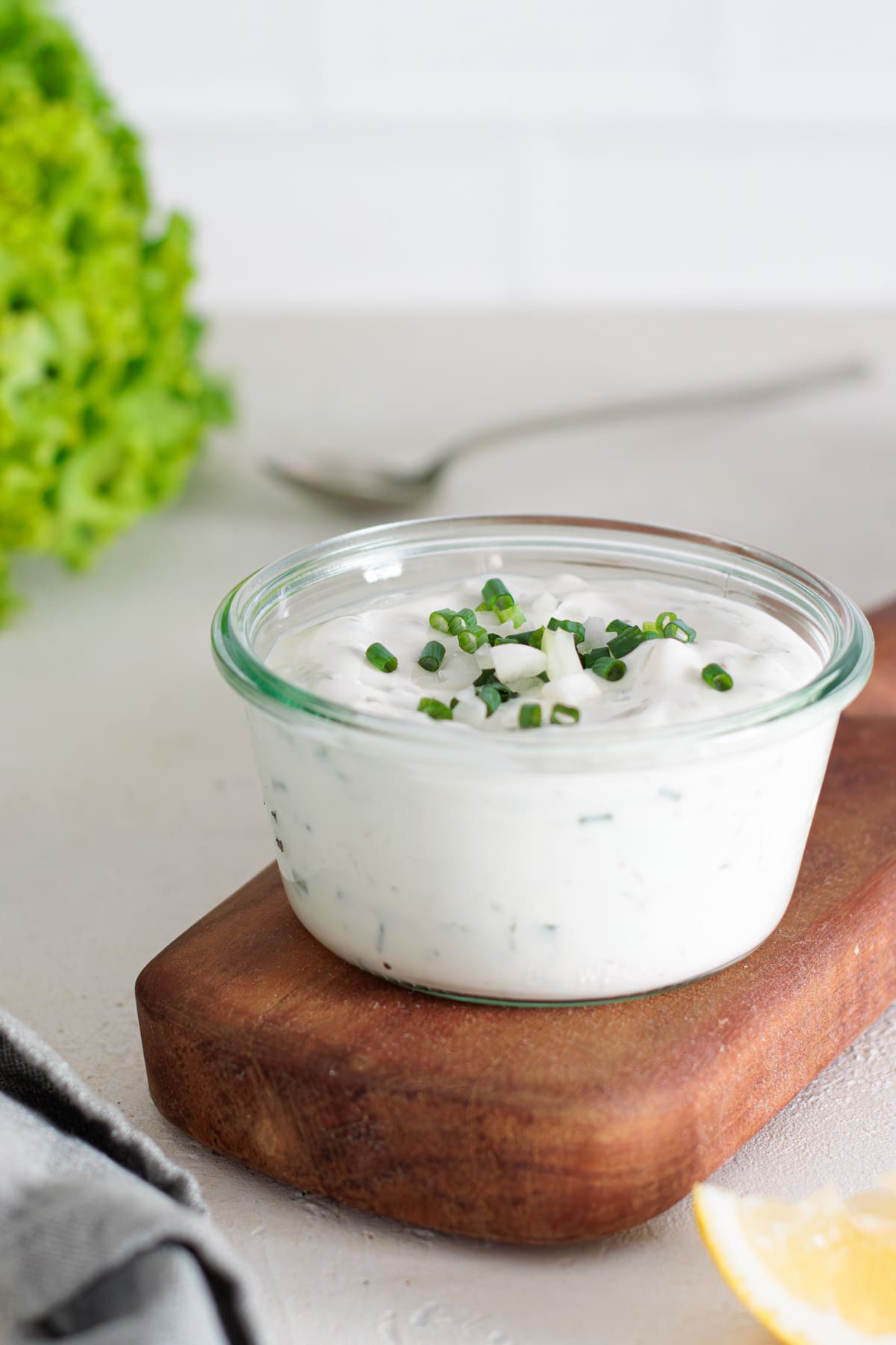 Freshly made yogurt herb dressing, ready to enjoy.