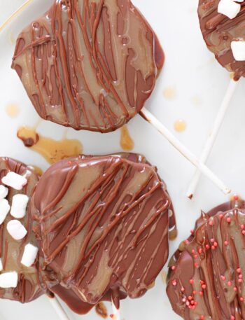 Caramel Apple Slices dipped in chocolate and drizzled with caramel.