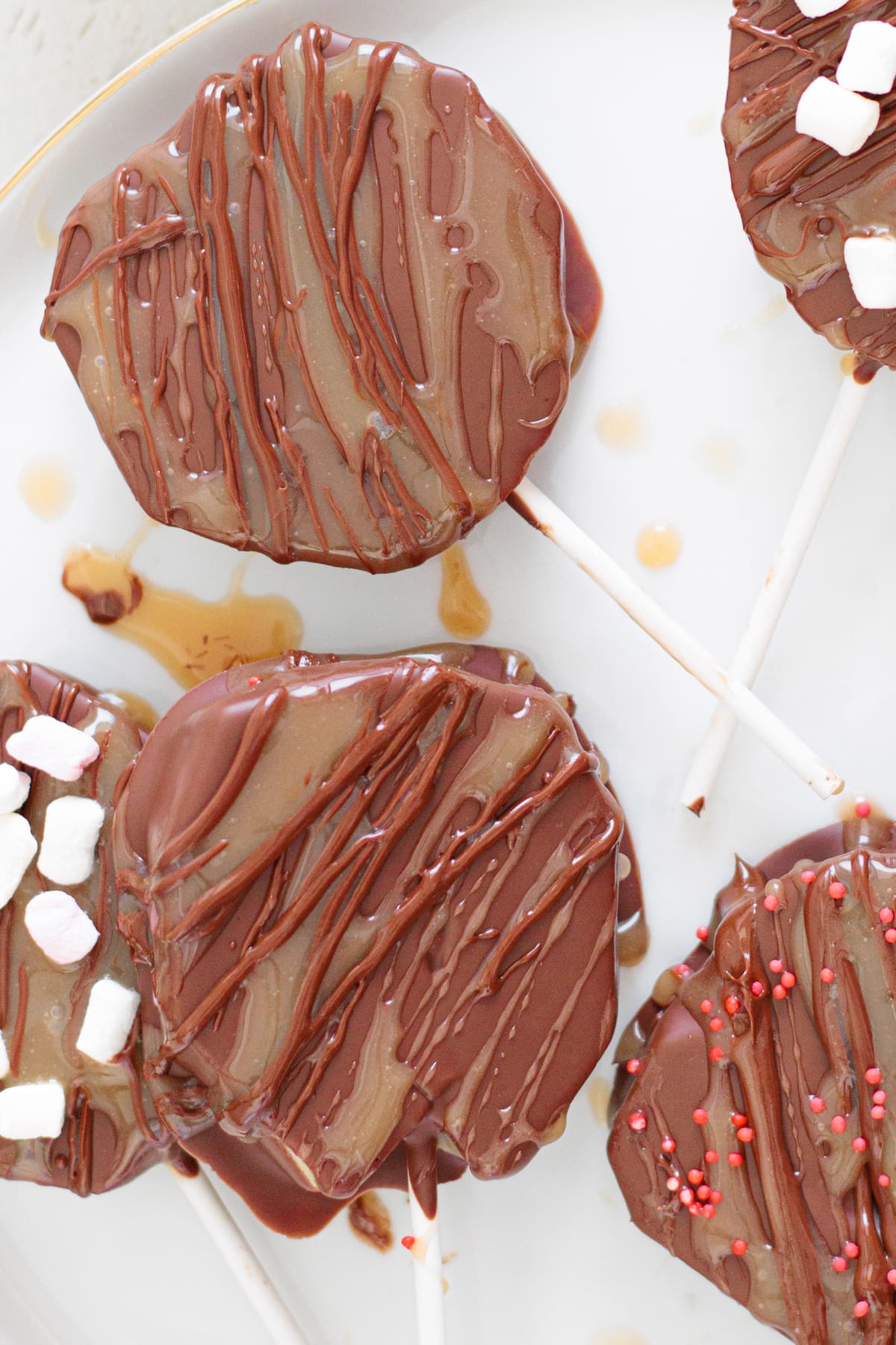 Caramel Apple Slices dipped in chocolate and drizzled with caramel.