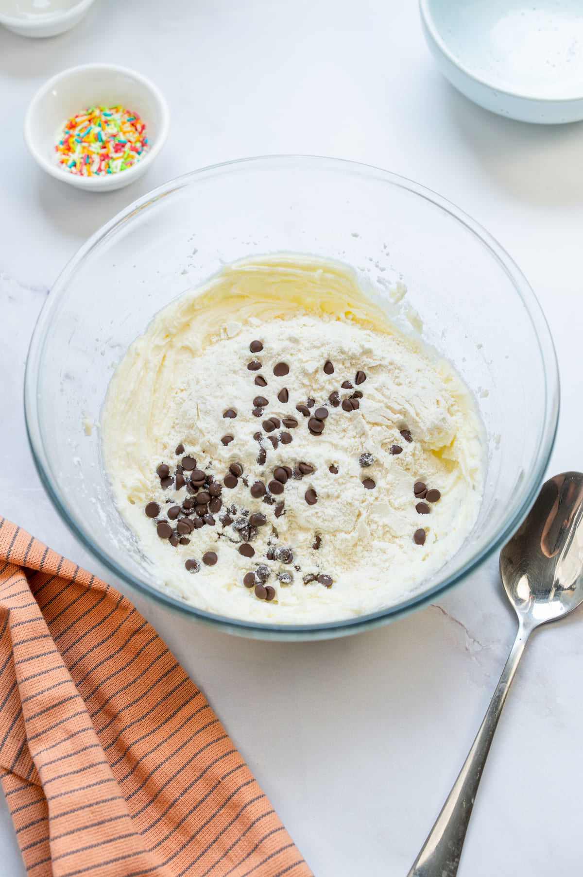 Add flour and chocolate chips to the mixture.
