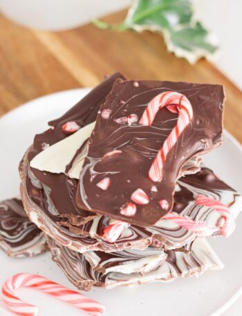 Crisp Peppermint Bark Clusters topped with crushed candy canes.