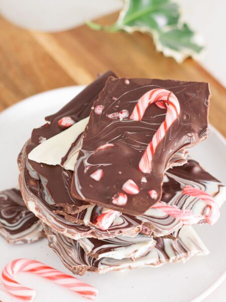 Crisp Peppermint Bark Clusters topped with crushed candy canes.