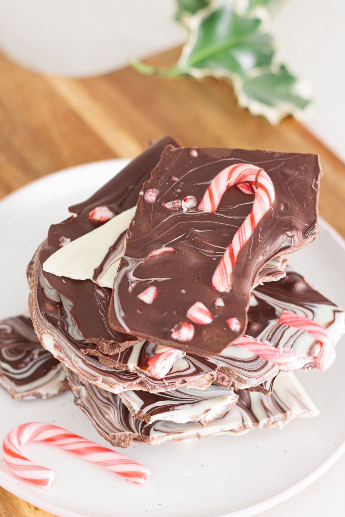 Crisp Peppermint Bark Clusters topped with crushed candy canes.
