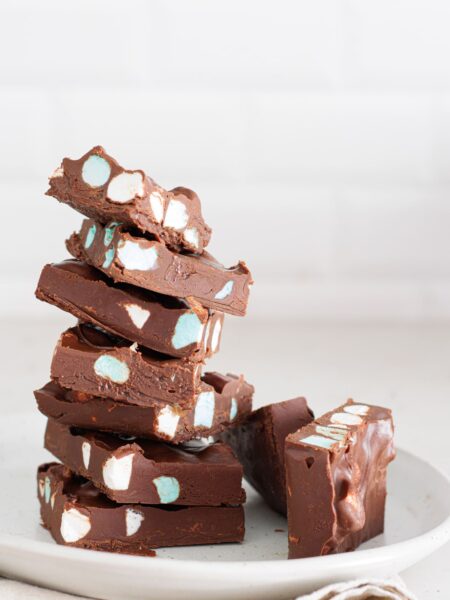 Stack of Chocolate Fantasy Bars highlighting the colorful marshmallows inside.