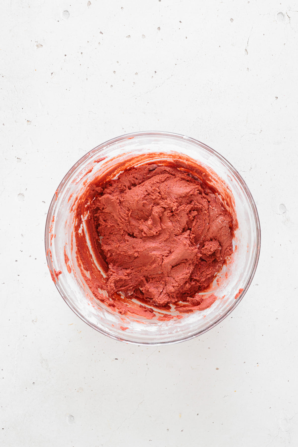 Finished red velvet cookie dough mixed until smooth and ready to shape.