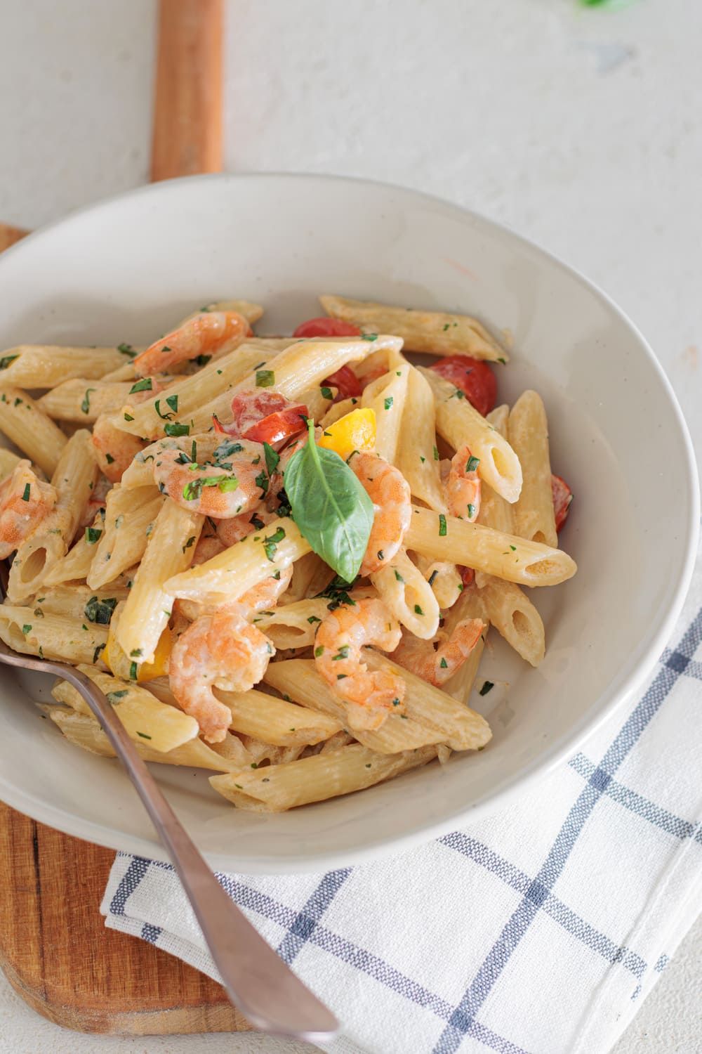 Creamy shrimp penne pasta.