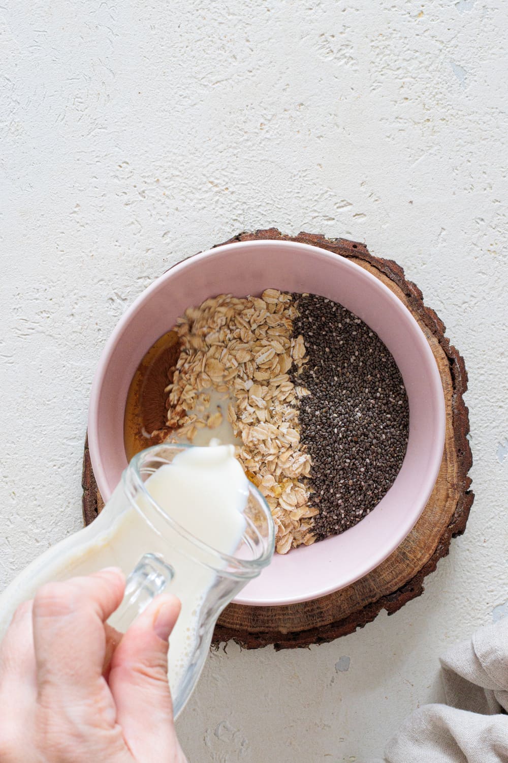 Add oats, milk, honey, chia seeds, and cinnamon into a bowl.